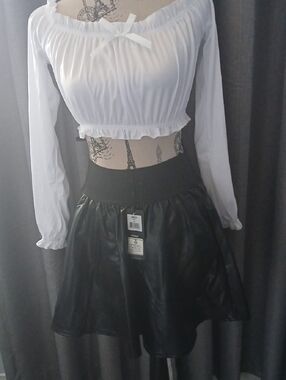 Black Faux Leather Skater Skirt with High Waist